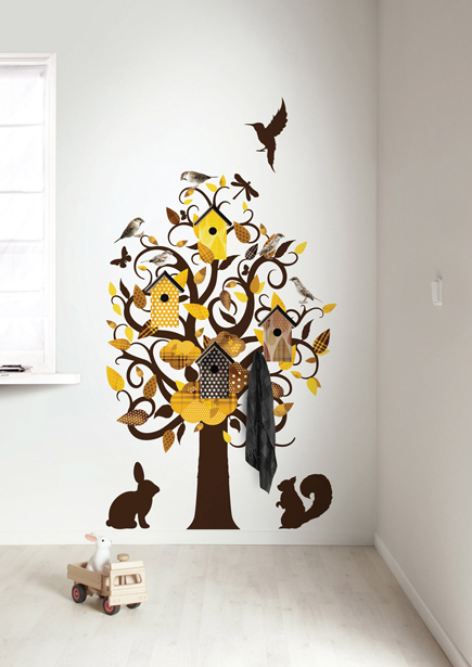 muursticker birdhouse tree - geel